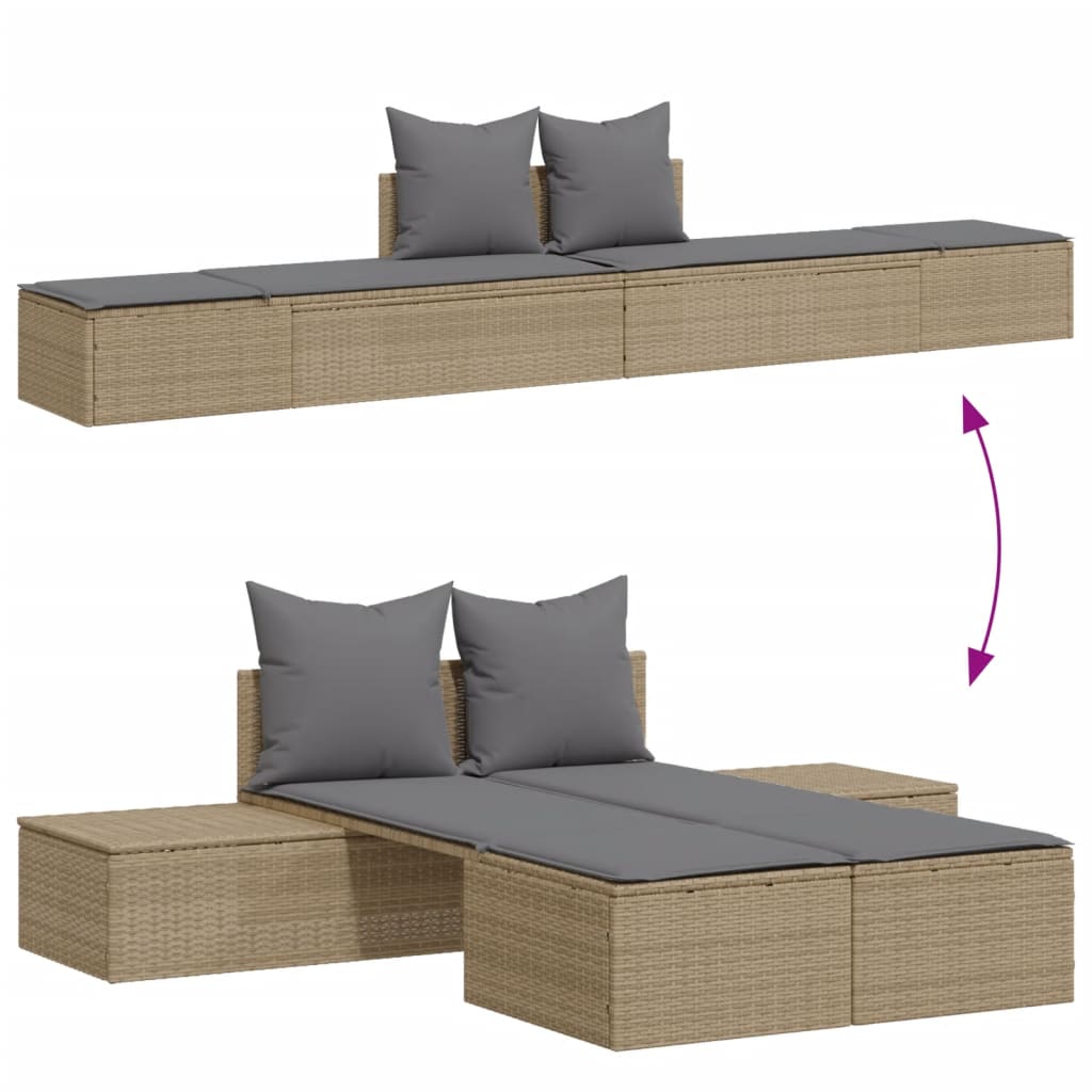 Ligbed 2-persoons met kussens poly rattan beige