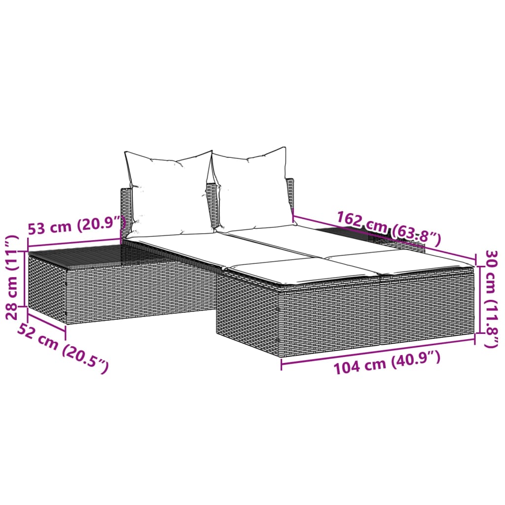 Ligbed 2-persoons met kussens poly rattan lichtgrijs