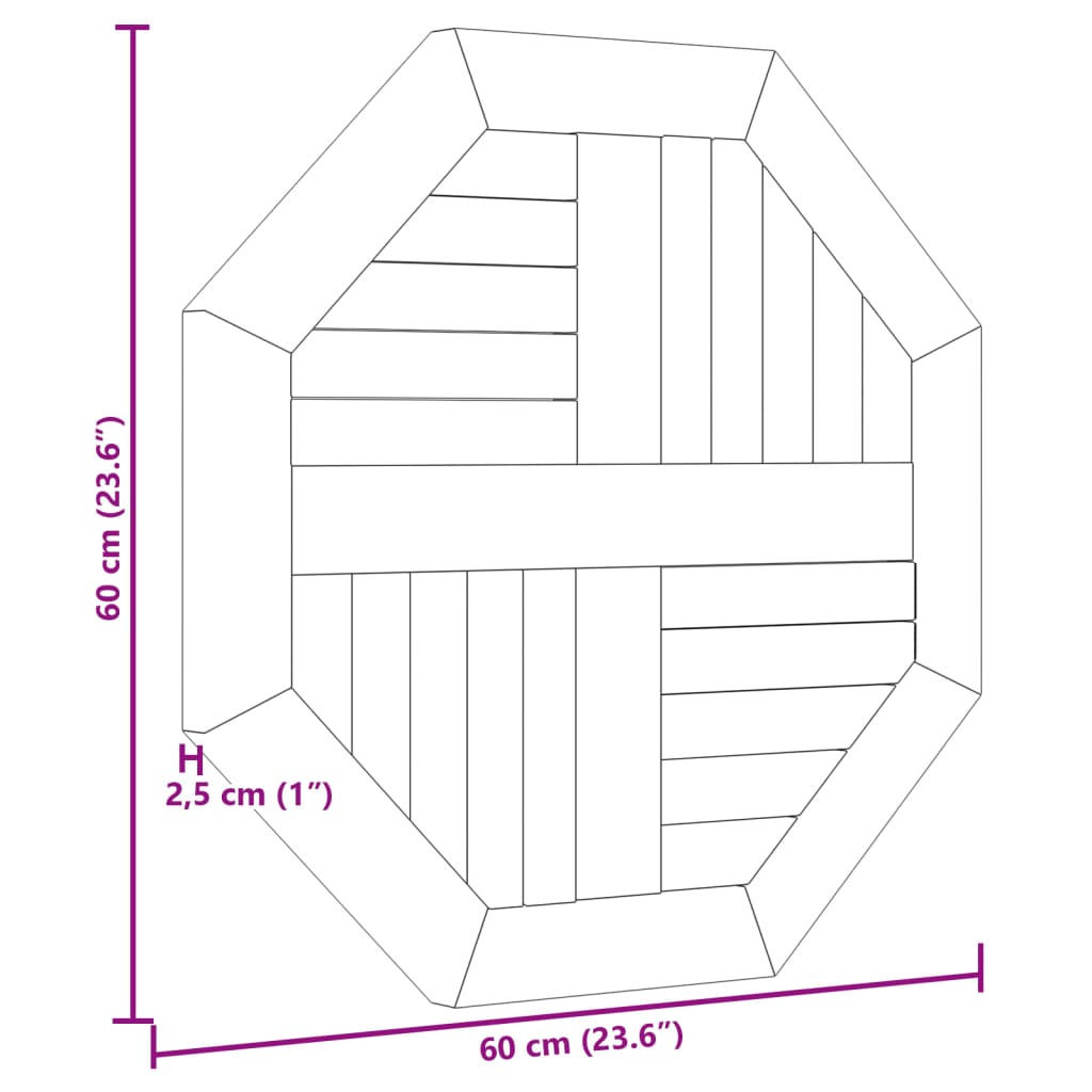 Tafelblad achthoekig 60x60x2,5 cm massief teakhout