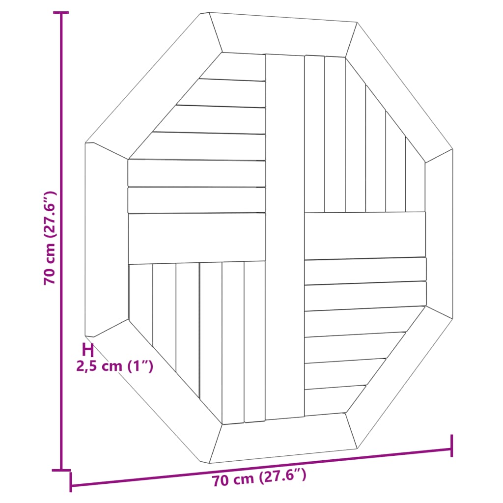 Tafelblad achthoekig 70x70x2,5 cm massief teakhout