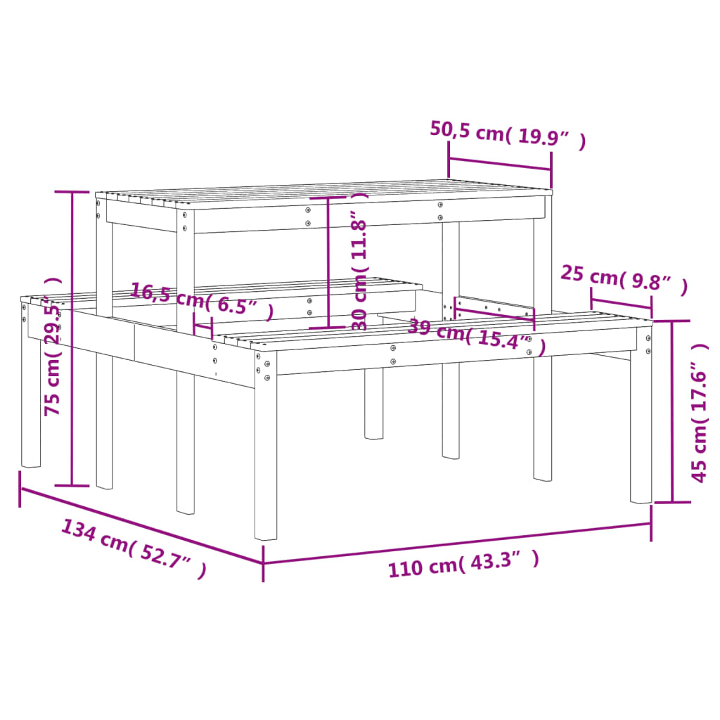 Picknicktafel 110x134x75 cm massief grenenhout