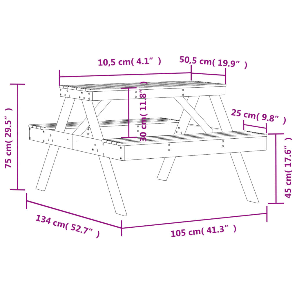 Picknicktafel 105x134x75 cm massief grenenhout