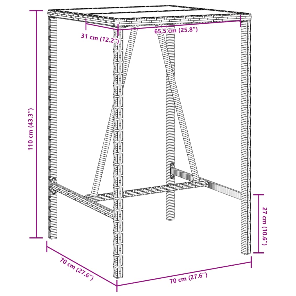 Tuinbartafel 70x70x110 cm poly rattan grijs