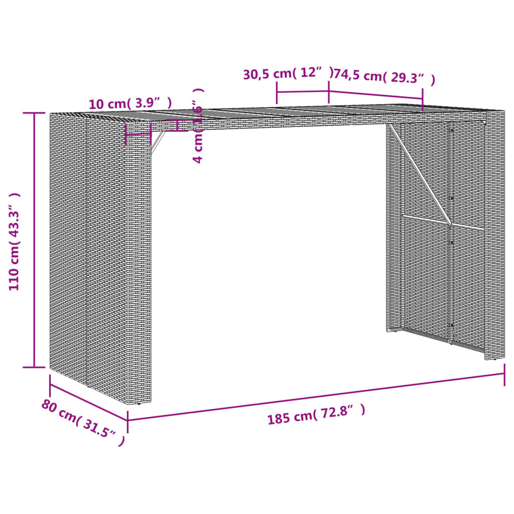 Tuintafel met acaciahouten blad 185x80x110 cm poly rattan zwart