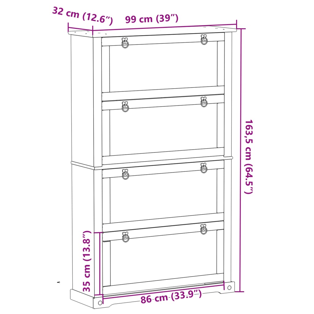 Schoenenkast Corona 99x32x163,5 cm massief grenenhout