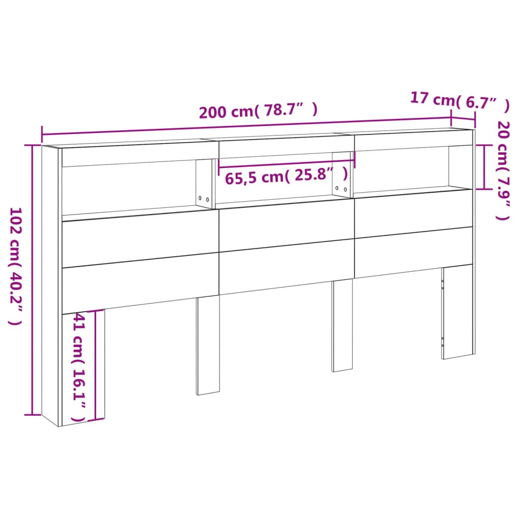 Hoofdbordkast met LED-verlichting 200x17x102 cm wit