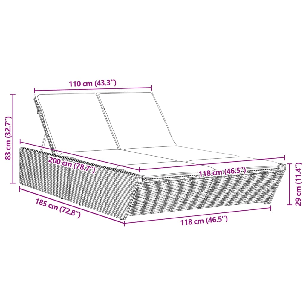 Ligbed 2-persoons met kussens poly rattan zwart