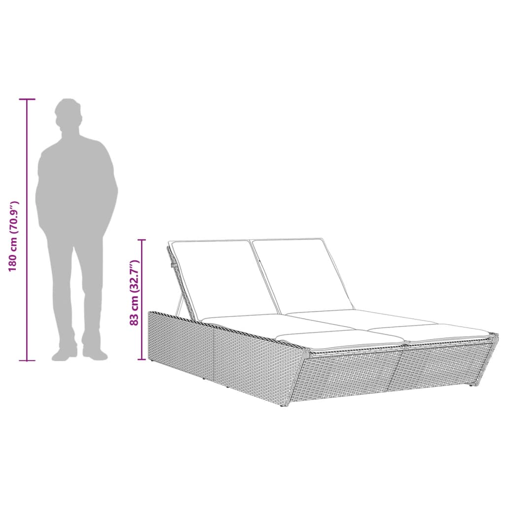 Ligbed 2-persoons met kussens poly rattan zwart