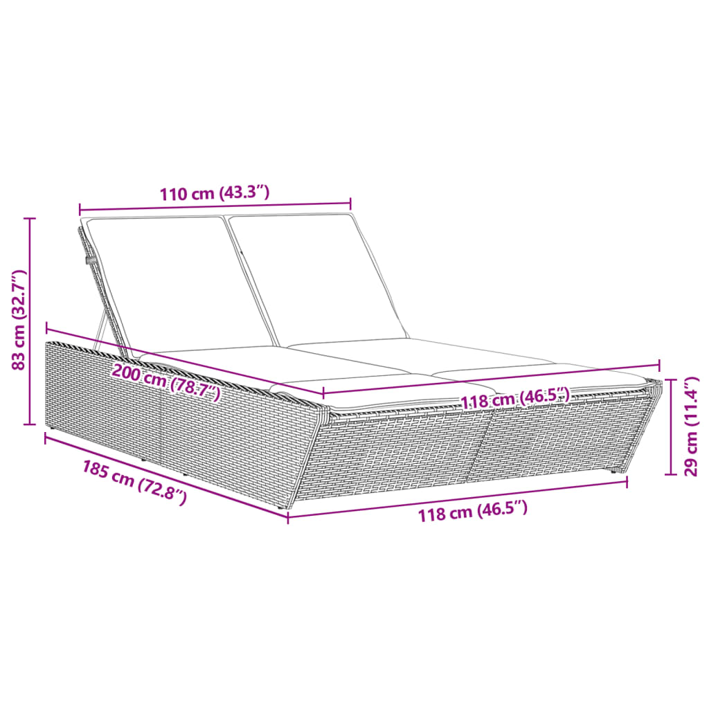 Ligbed 2-persoons met kussens poly rattan bruin