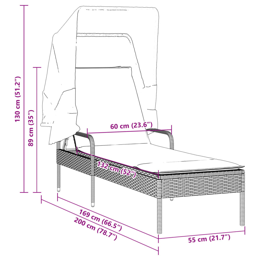 Ligbed met luifel poly rattan zwart