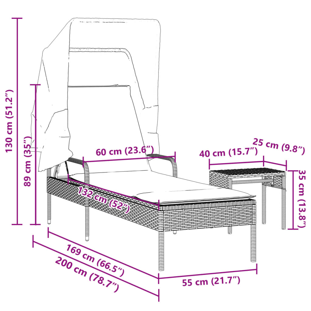 Ligbed met luifel en tafel poly rattan grijs