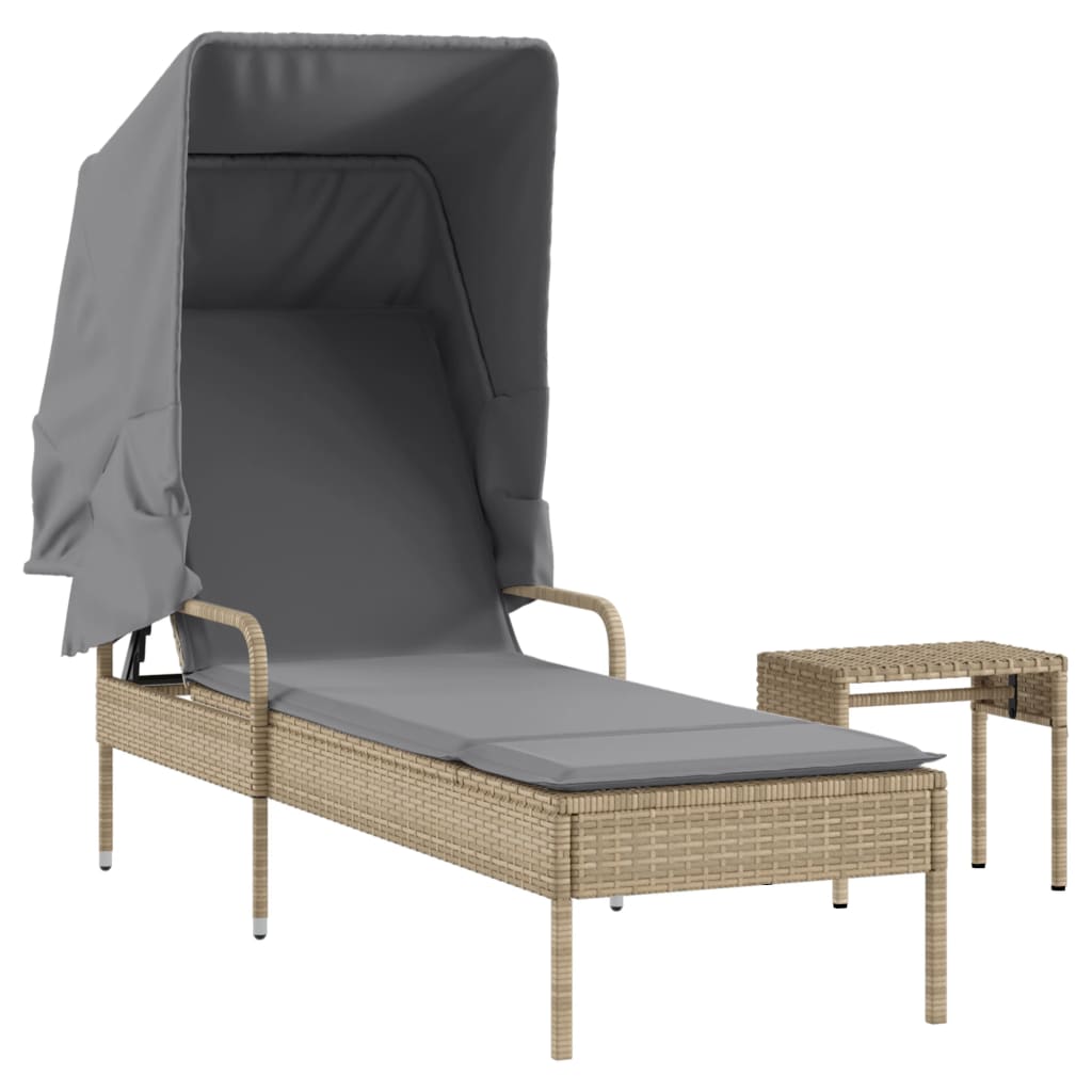 Ligbed met luifel en tafel poly rattan beige