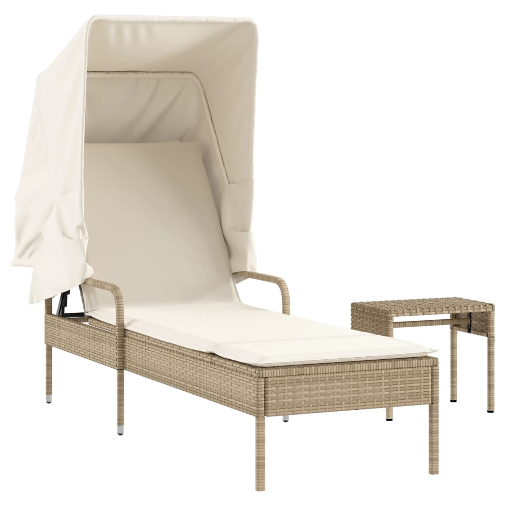 Ligbed met luifel en tafel poly rattan beige