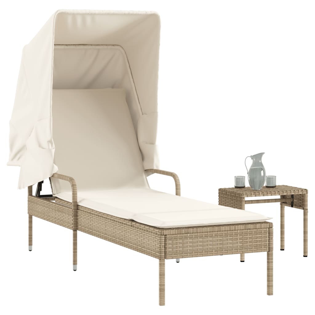 Ligbed met luifel en tafel poly rattan beige