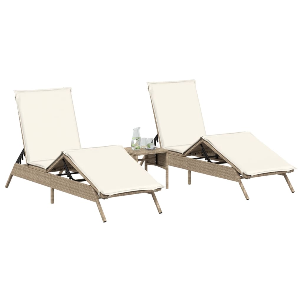 Ligstoelen 2 st met tafel poly rattan beige