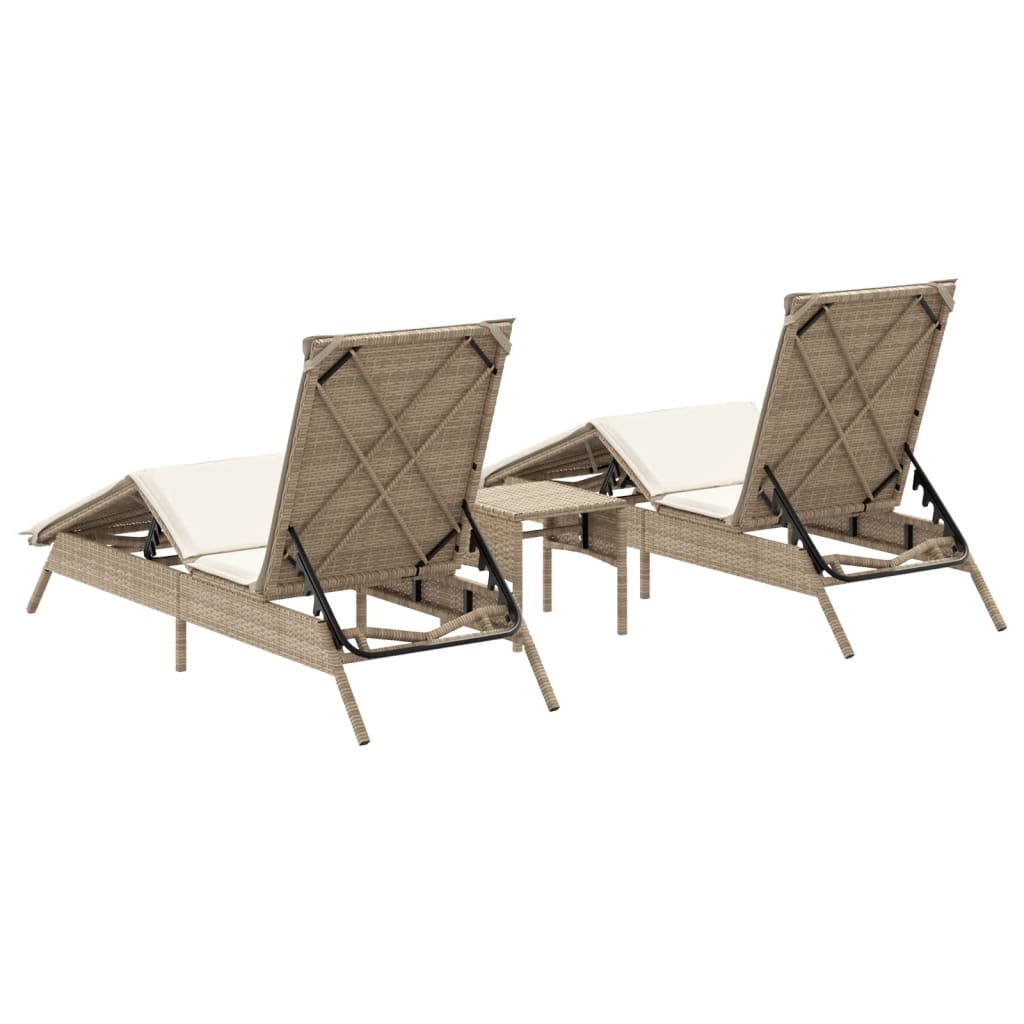 Ligstoelen 2 st met tafel poly rattan beige