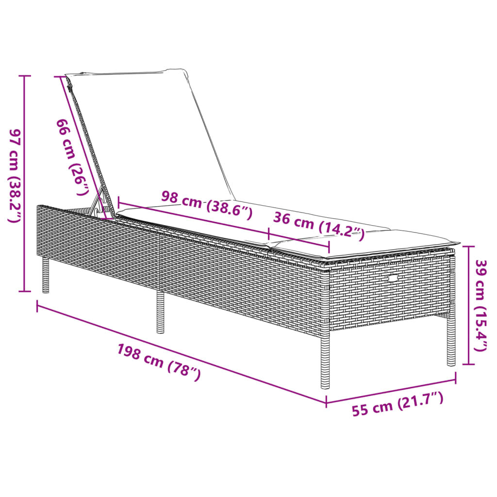 Ligbed met kussen poly rattan zwart