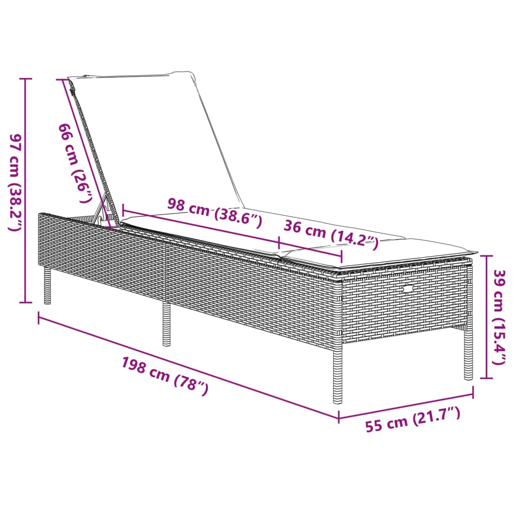 Ligbed met kussen poly rattan bruin