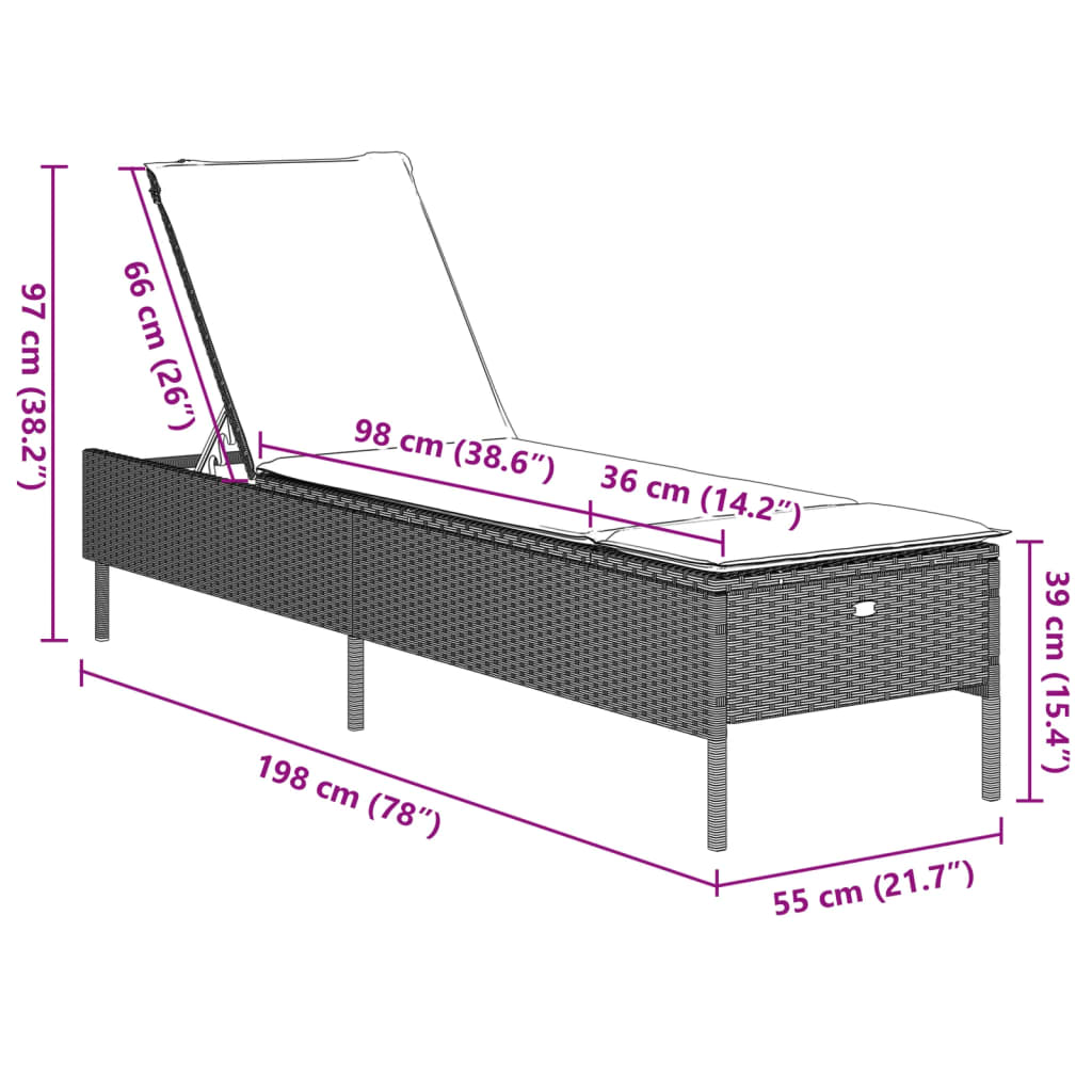 Ligbed met kussen poly rattan lichtgrijs