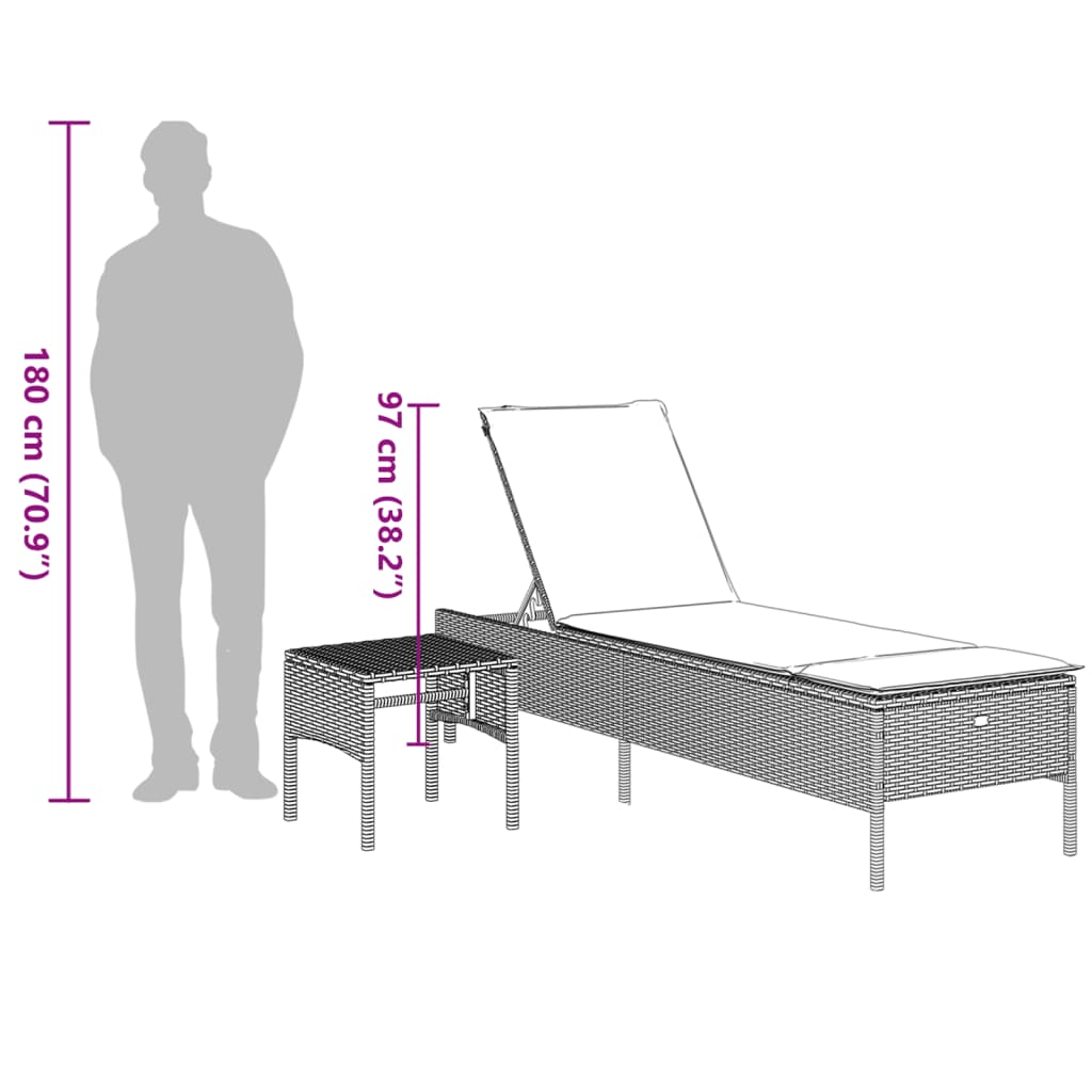 Ligbed met tafel en kussen poly rattan zwart