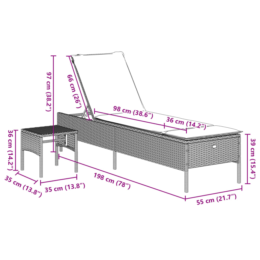 Ligbed met tafel en kussen poly rattan zwart