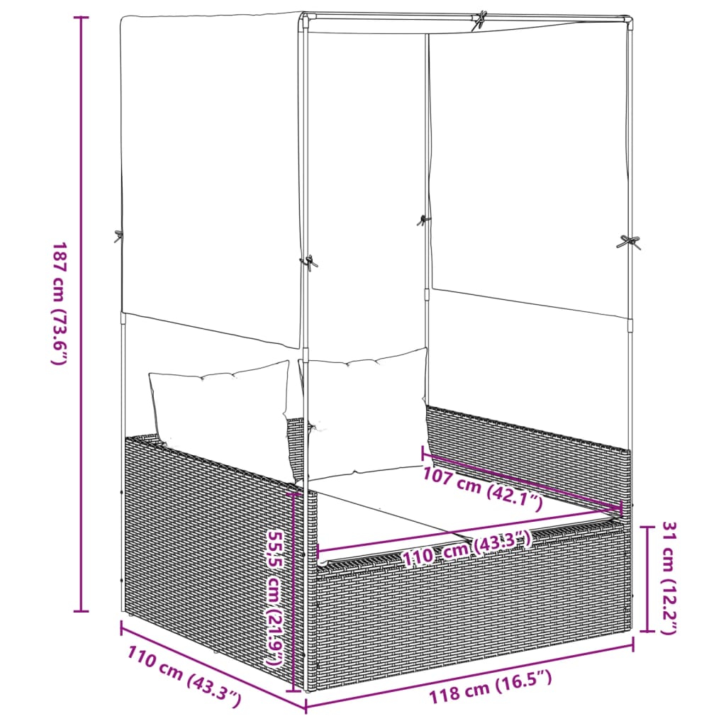 Ligbed tweepersoons met dak en gordijn poly rattan bruin