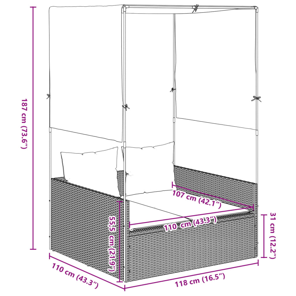 Ligbed tweepersoons met dak en gordijn poly rattan grijs