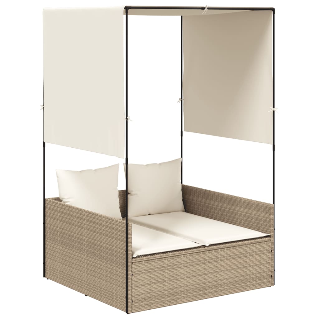 Ligbed tweepersoons met dak en gordijn poly rattan beige