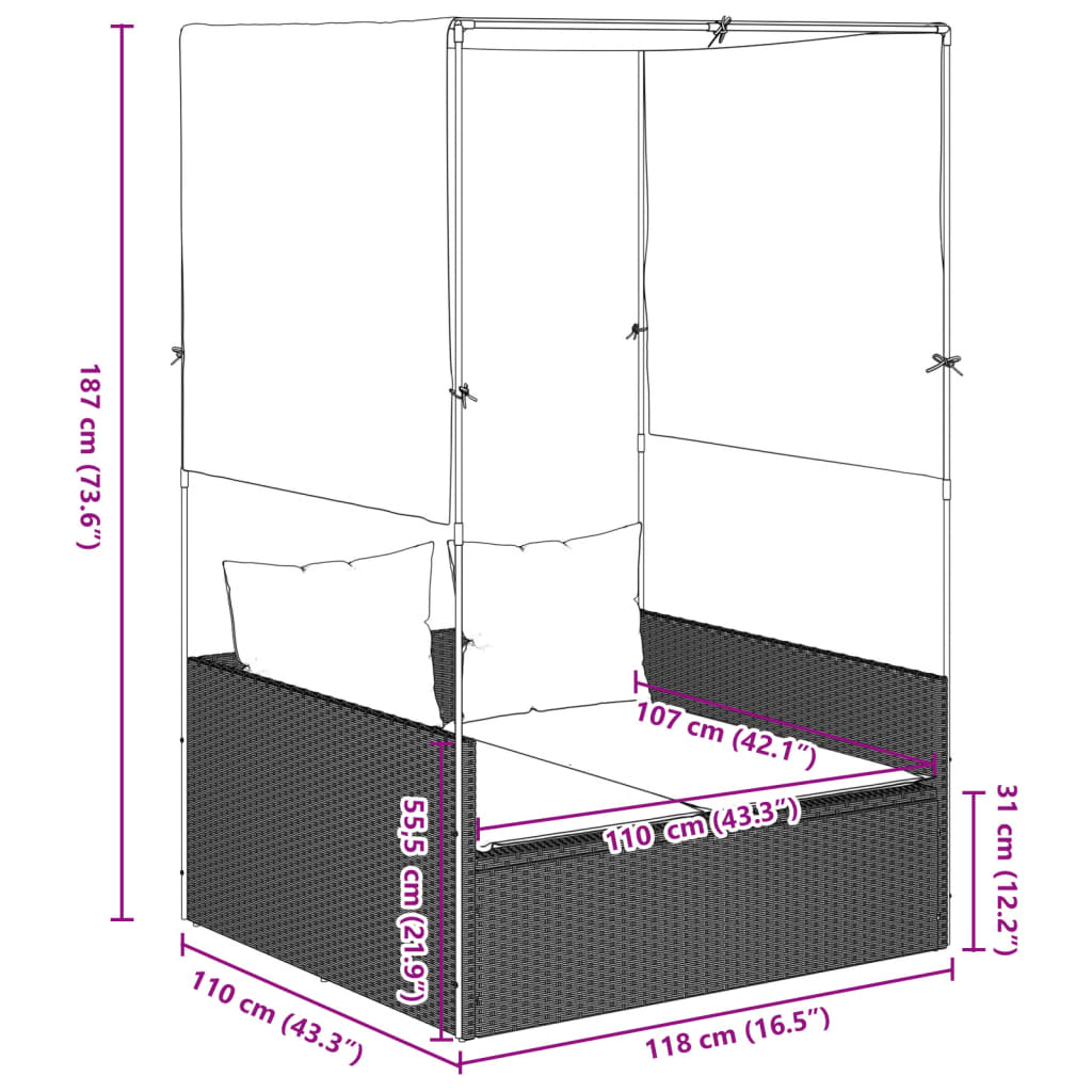 Ligbed tweepersoons met dak en gordijn poly rattan lichtgrijs