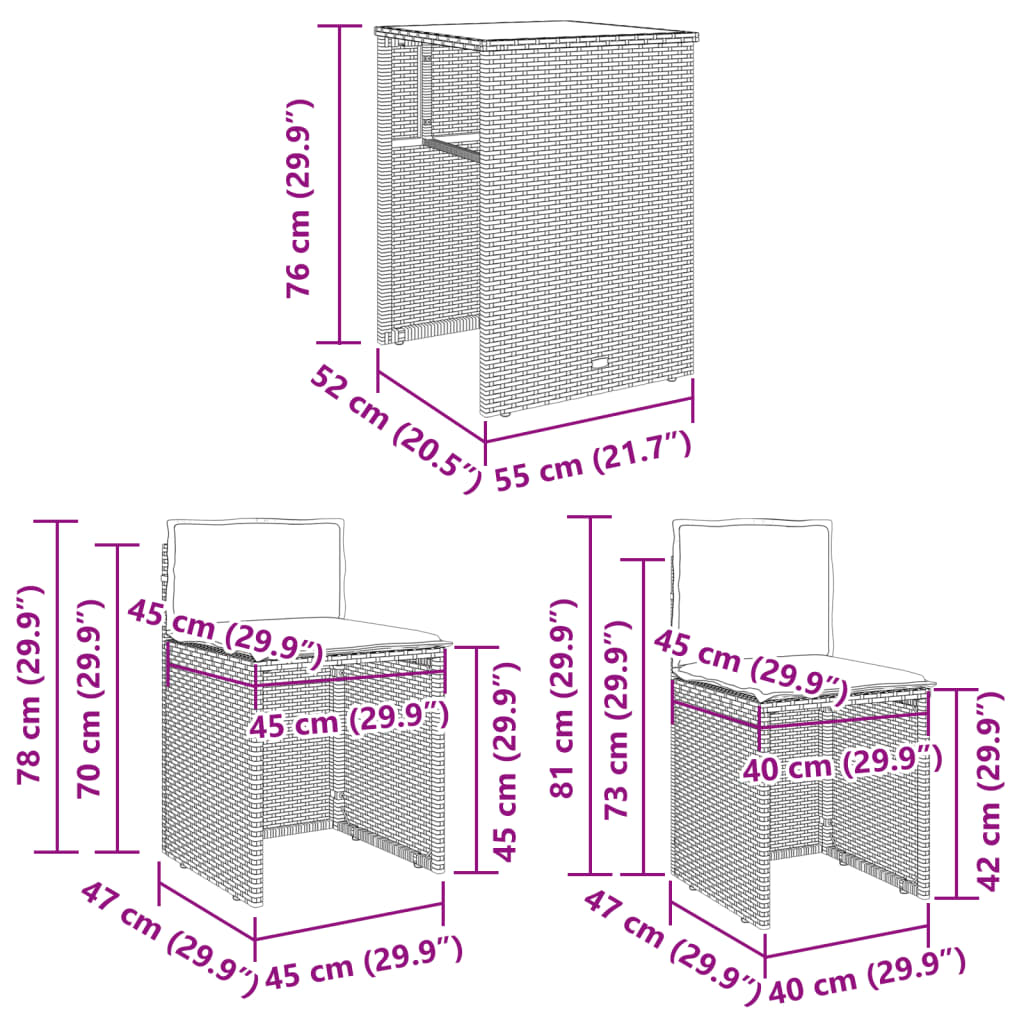 3-delige Bistroset met kussens poly rattan bruin