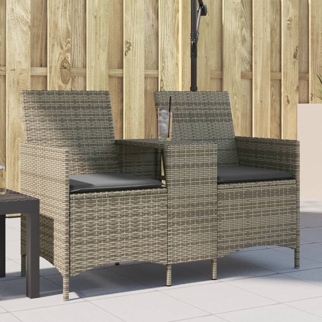 Tuinbank 2-zits met tafel en kussens poly rattan grijs