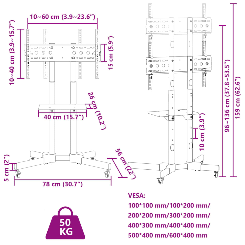 TV-standaard wielen 32-70 inch scherm 40 kg Max VESA 600x400 mm