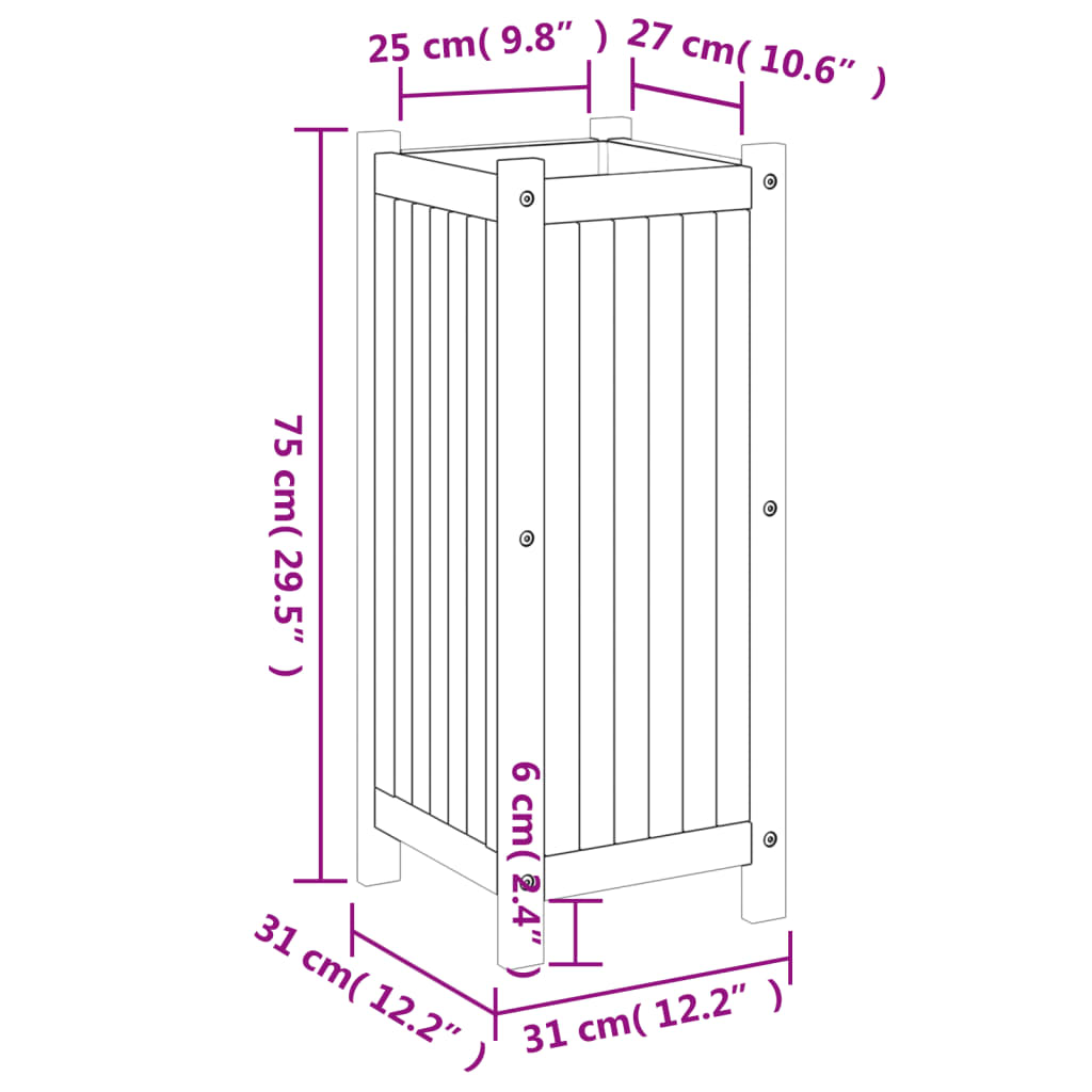 Plantenbak met voering 31x31x75 cm massief acaciahout