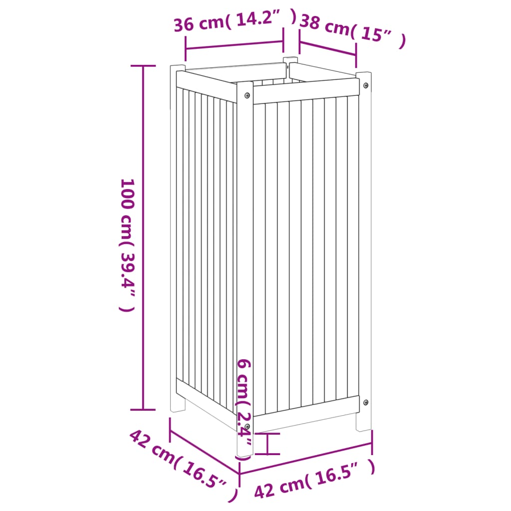 Plantenbak met voering 42x42x100 cm massief acaciahout