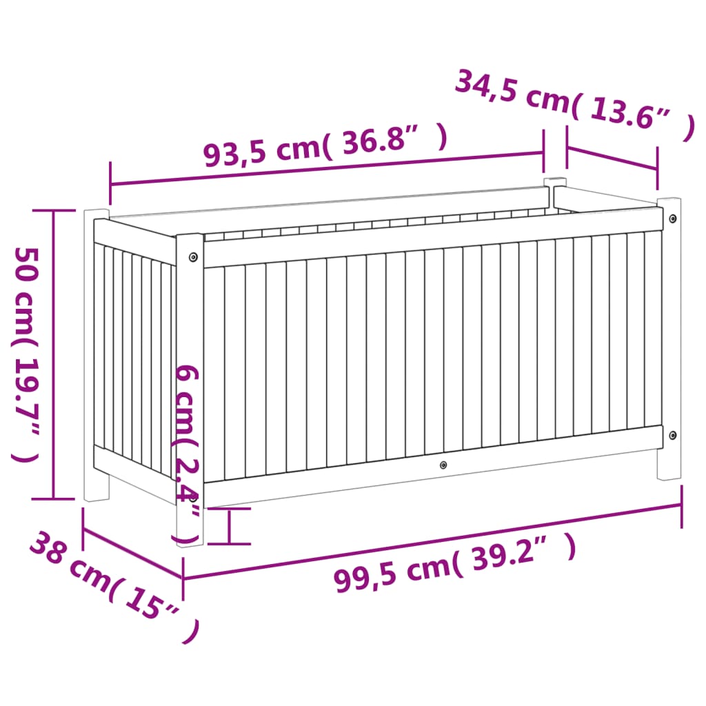 Plantenbak met voering 99,5x38x50 cm massief acaciahout