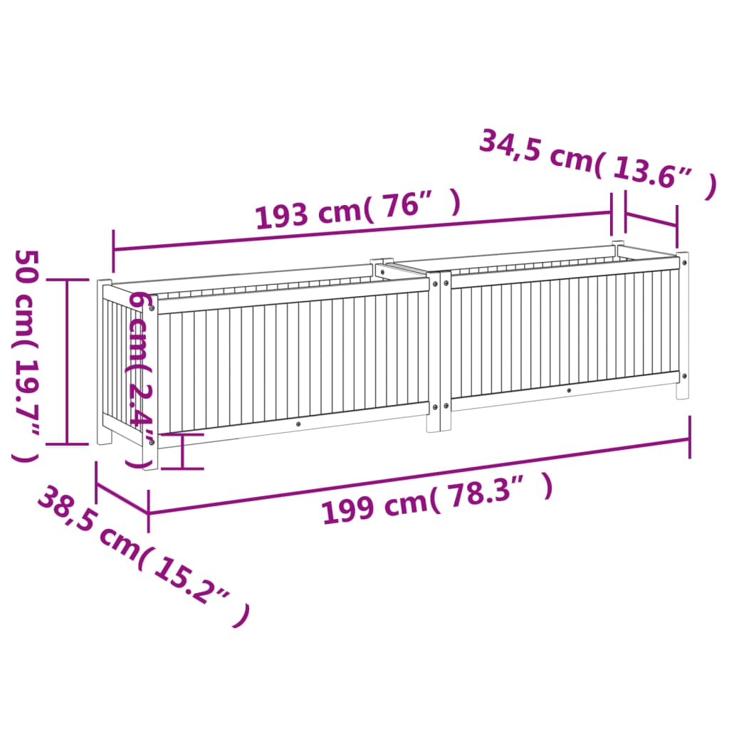 Plantenbak met voering 199x38,5x50 cm massief acaciahout