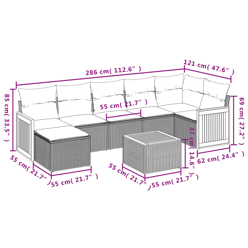 8-Delige Loungeset Met Kussens Poly Rattan Zwart Naturel