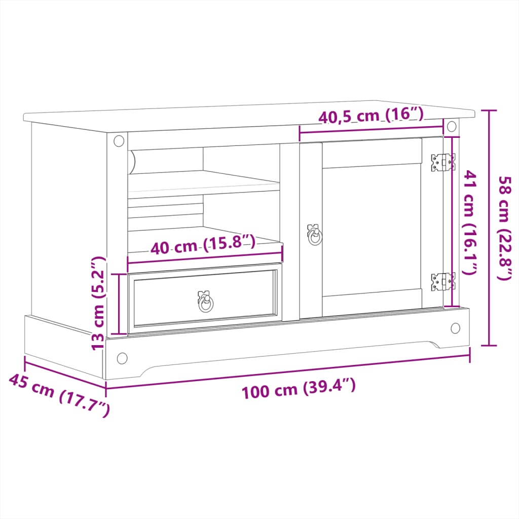 Tv-meubel Corona 100x45x58 cm massief grenenhout