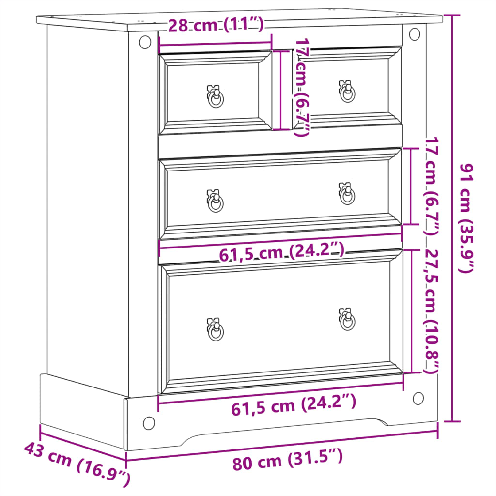 Ladekast Corona 80x43x91 cm massief grenenhout