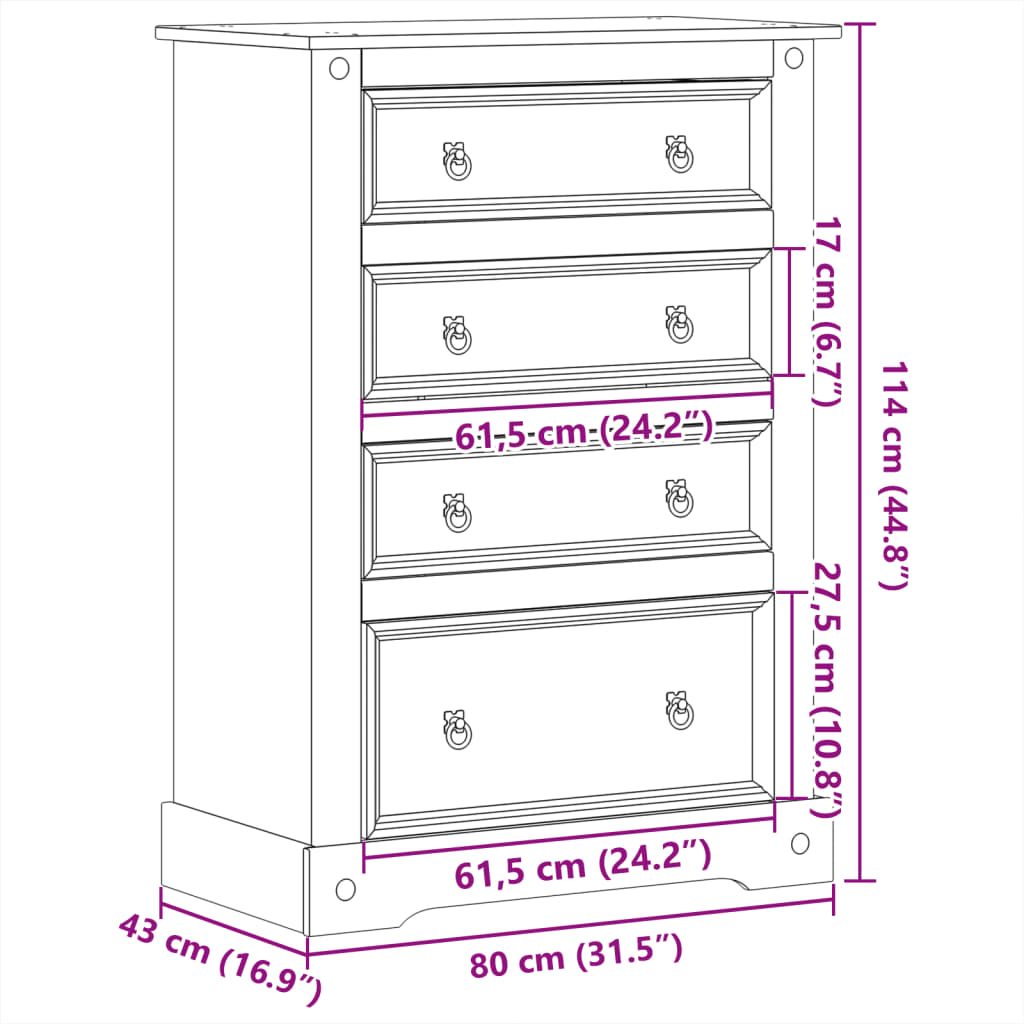 Ladekast Corona 80x43x114 cm massief grenenhout