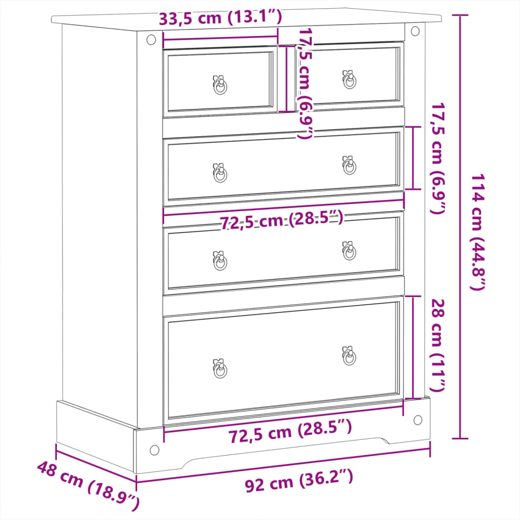 Ladekast Corona 92x48x114 cm massief grenenhout