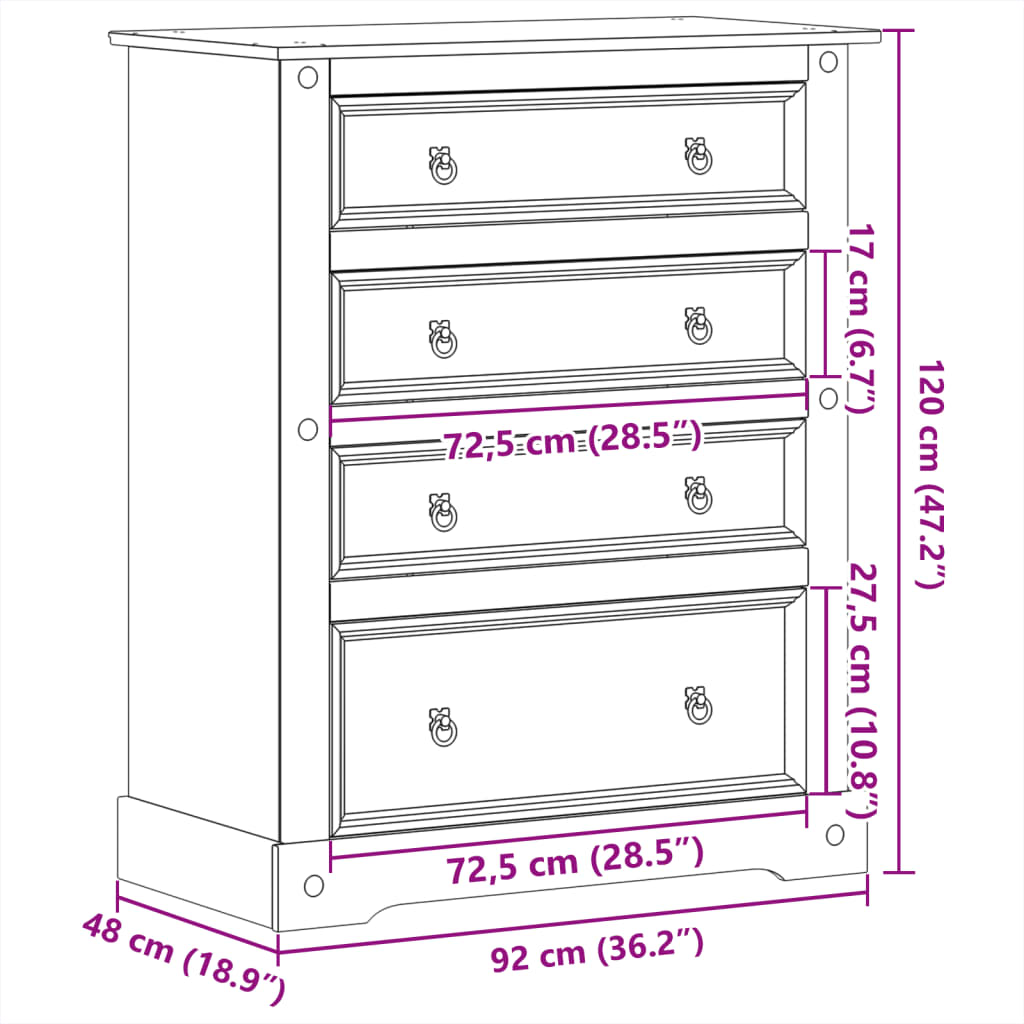 Ladekast Corona 92x48x120 cm massief grenenhout