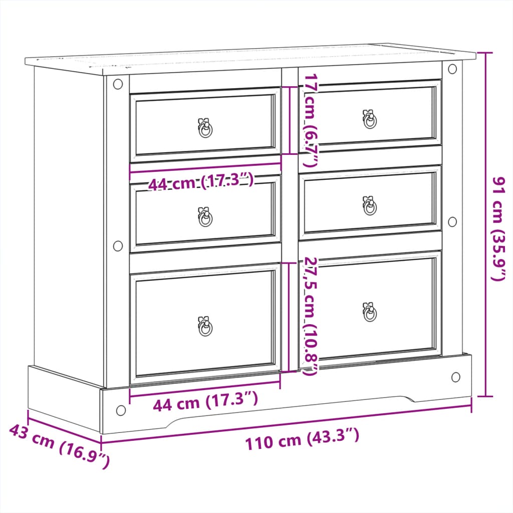 Ladekast Corona 110x43x91 cm massief grenenhout