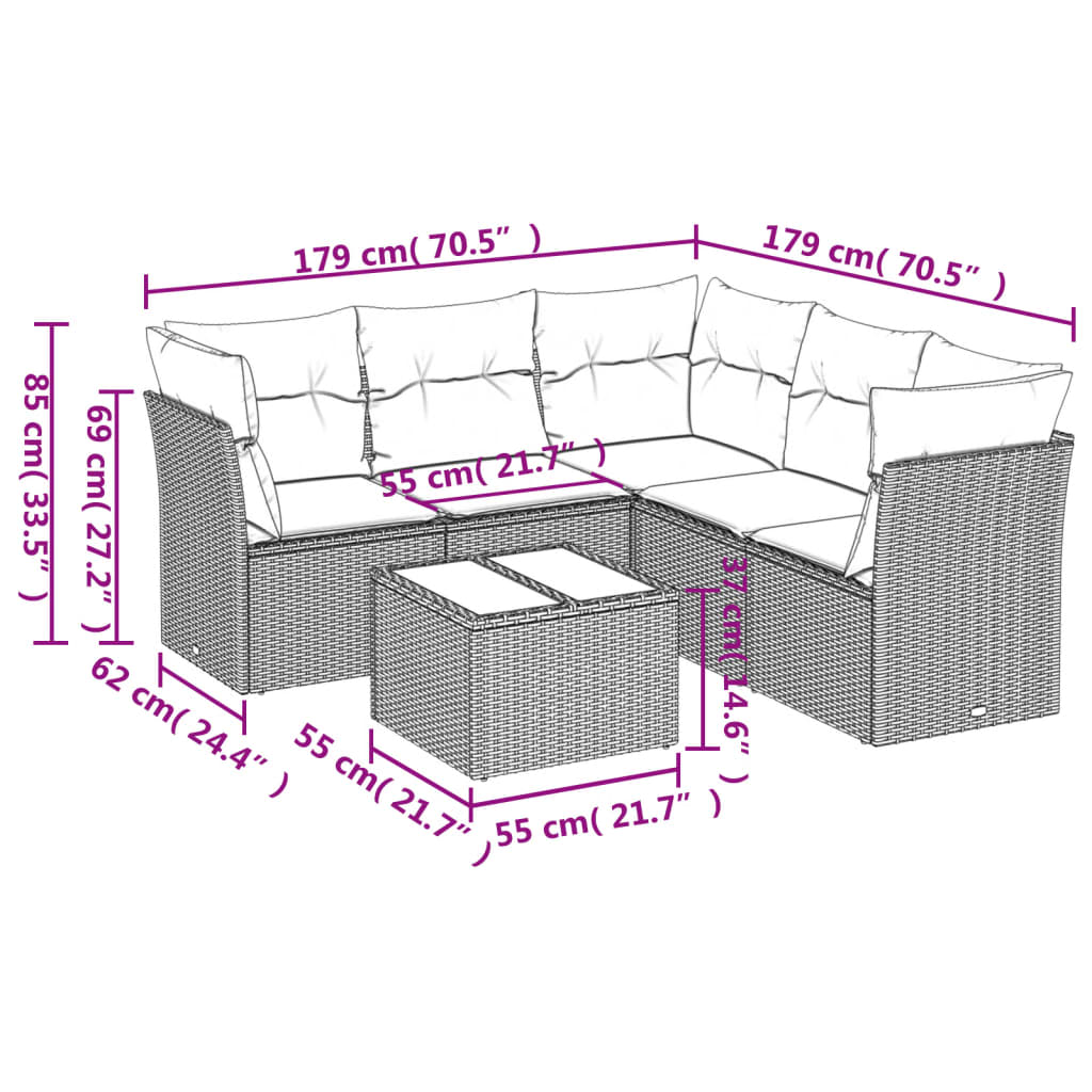 6-delige Loungeset met kussens poly rattan bruin