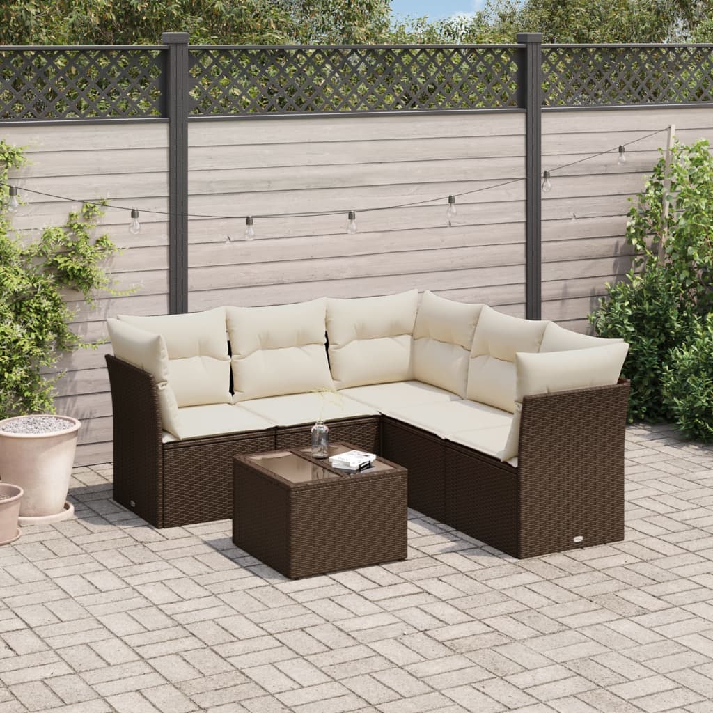 6-delige Loungeset met kussens poly rattan bruin