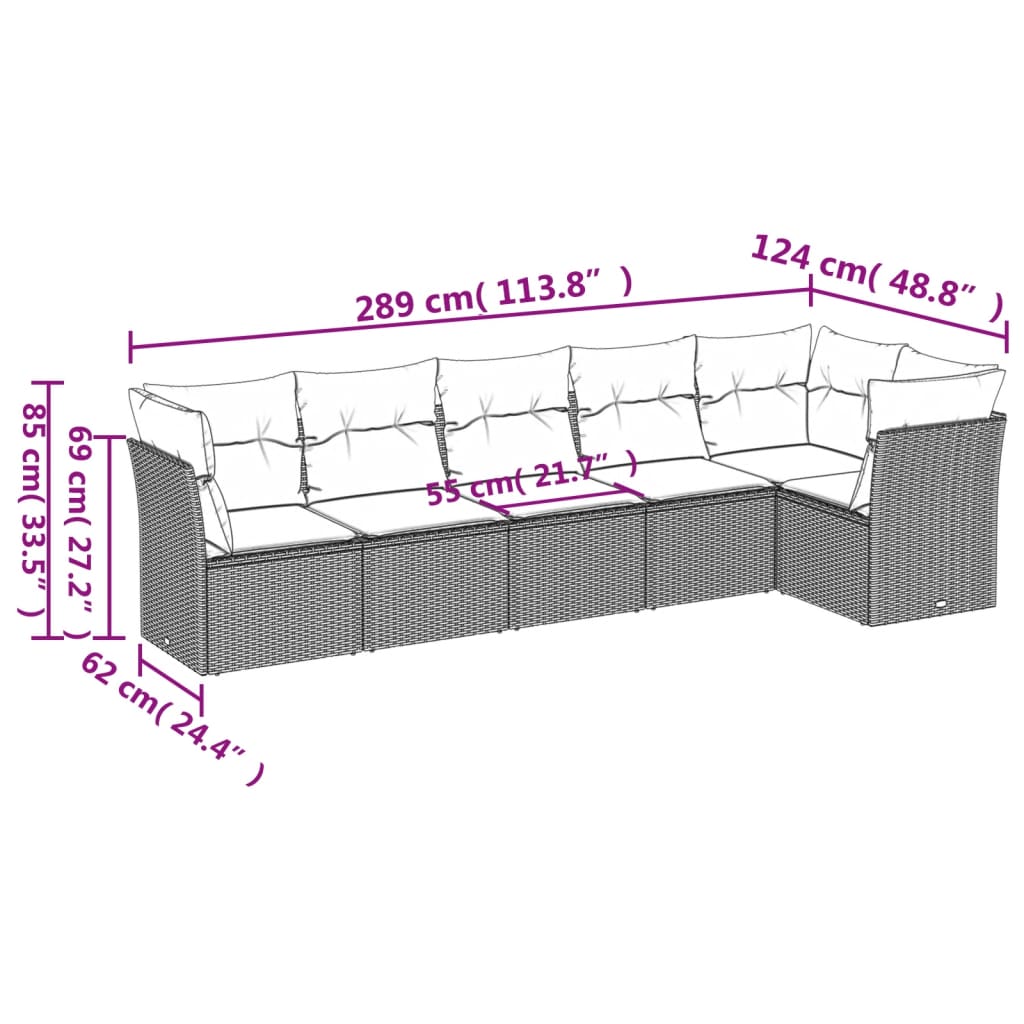 6-delige Loungeset met kussens poly rattan zwart