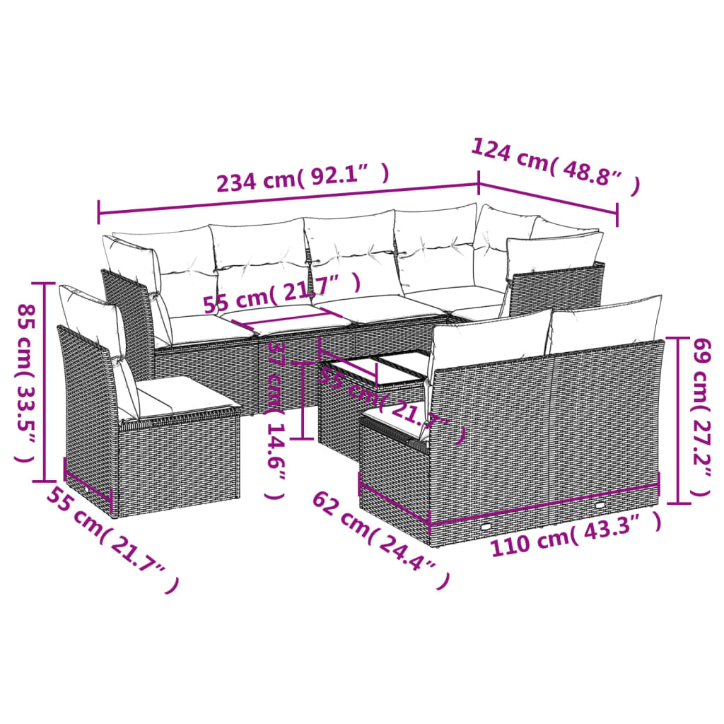 9-delige Loungeset met kussens poly rattan bruin