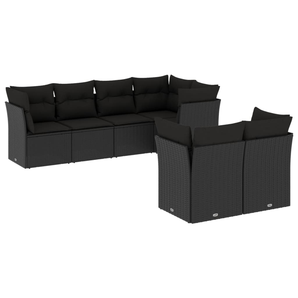 7-delige Loungeset met kussens poly rattan zwart