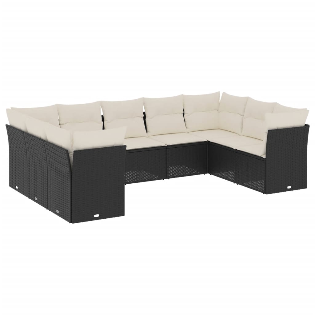 9-delige Loungeset met kussens poly rattan zwart