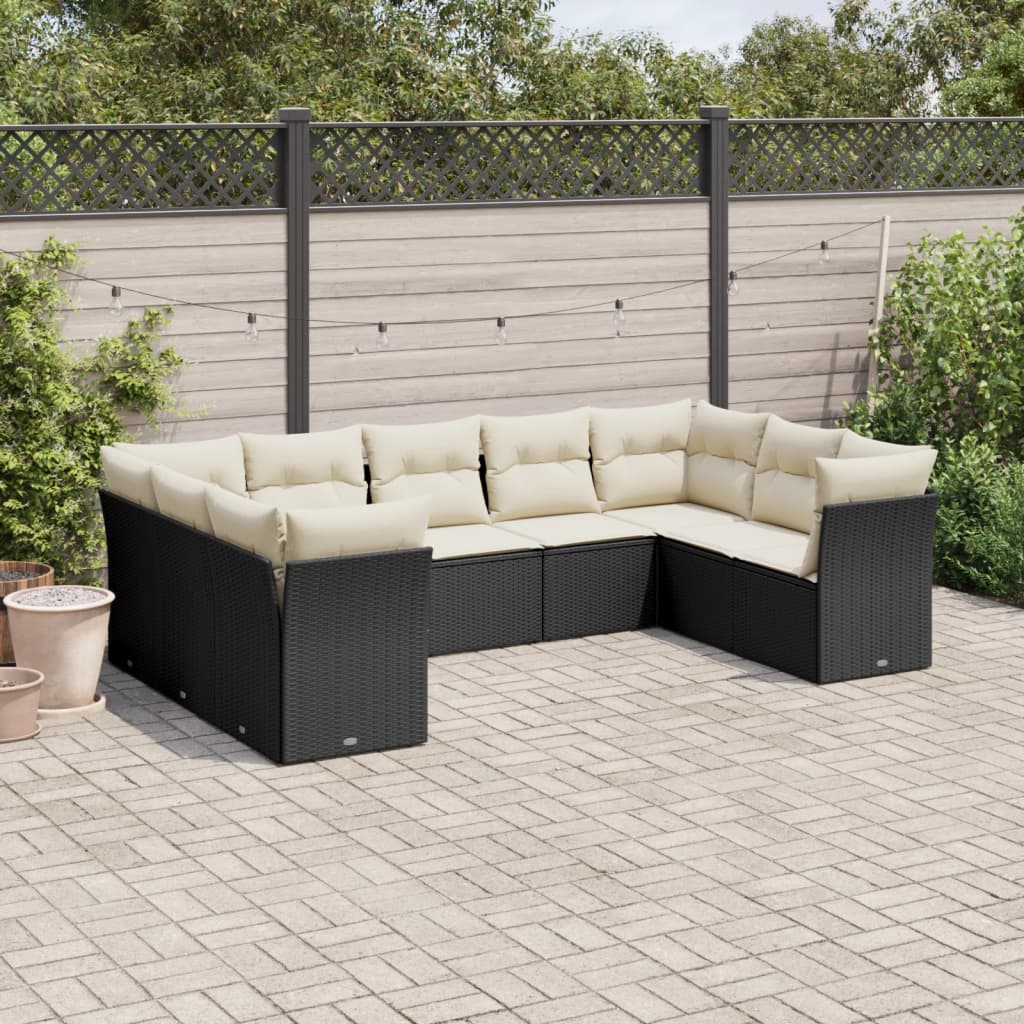 9-delige Loungeset met kussens poly rattan zwart